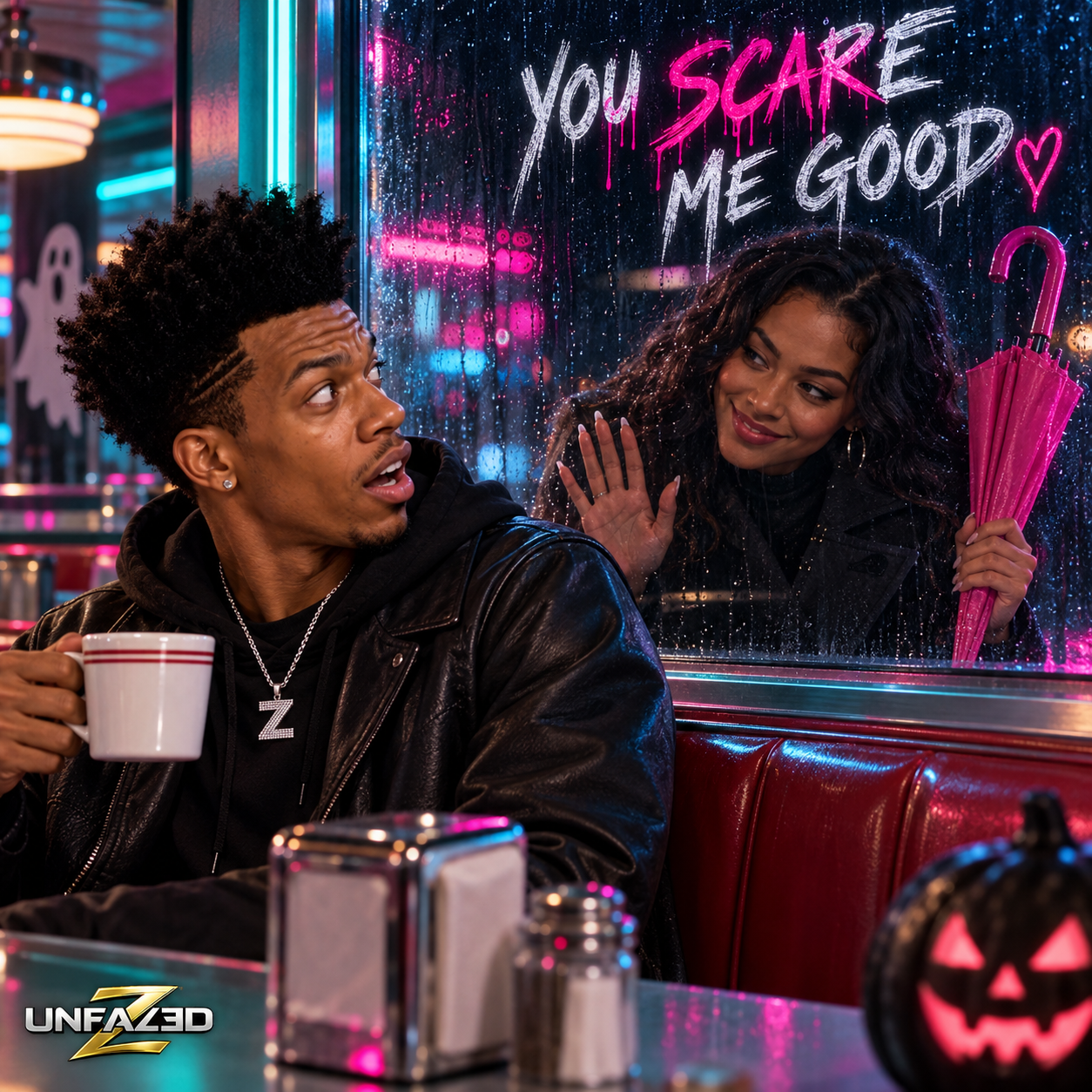 You Scare Me Good single cover: Unfaz3d at a diner window with a mysterious girl outside